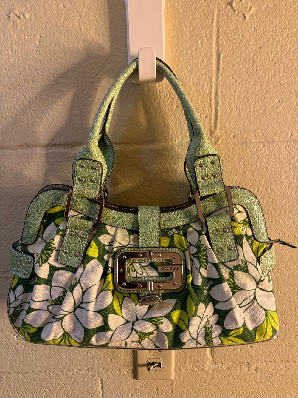 Vintage GUESS Green White Floral Shoulder Bag with Light Green Trim